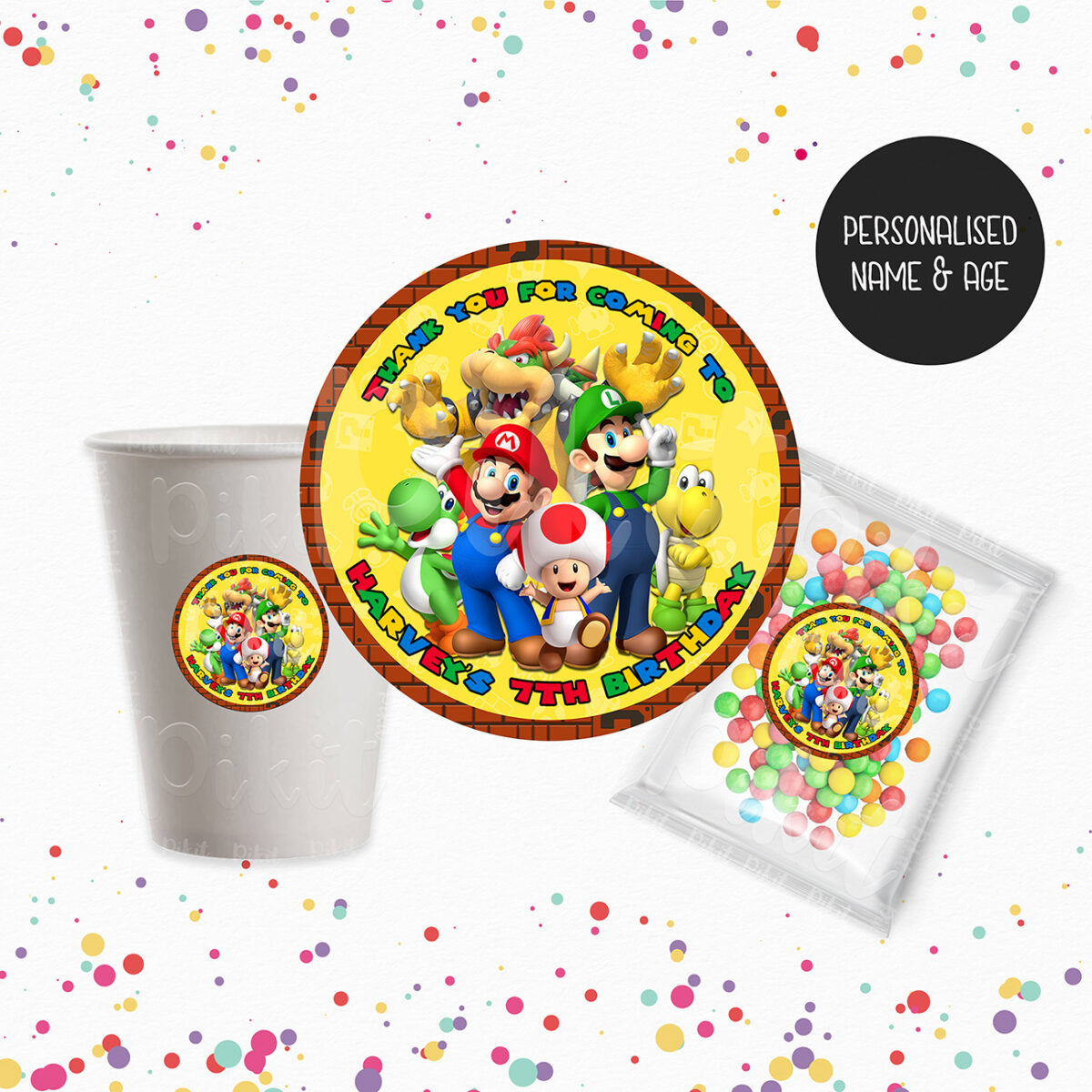 Super mario round stickers 60mm pikit kids